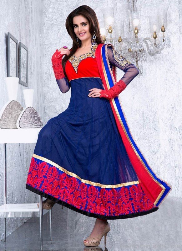 Monica Bedi In Blue Anarkali Suit